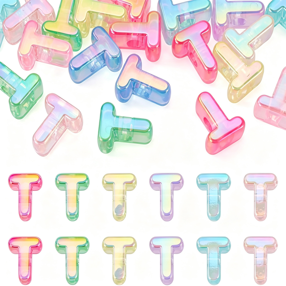 BZCOE 20Pcs Big Letter T Beads Large Hole Bubble Alphabet Beads Charm Transparent Crystal Colorful Plastic T Shape Chunky Spacers for Jewelry Making Bracelet Keychains Paracord Shoelaces Crafts