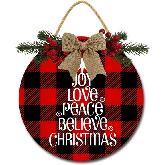 Eveokoki 12" Joy Love Peace Believe Christmas Welcome Sign for Front Door Round Wooden Hanging Wreaths for Porch Home Wall Decor Farmhouse Christmas Holiday Decoration Outdoor Indoor