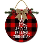 Eveokoki 12" Joy Love Peace Believe Christmas Welcome Sign for Front Door Round Wooden Hanging Wreaths for Porch Home Wall Decor Farmhouse Christmas Holiday Decoration Outdoor Indoor