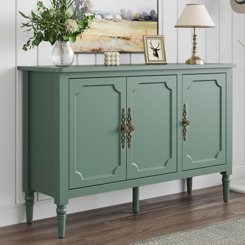 3-Door Storage Cabinet with Adjustable Shelves, Accent Sideboard Cabinet with Turned Legs, Wood Pantry Cabinet, Mid-Century Buffet for Entryway, Living Room, Dining Room, Green$$Home Decor, Kitchen,
