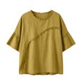 thumbnail image 5 of Lenpel Cotton Linen Shirts for Women Crew Neck Half Sleeve Boho Tops Casual Vintage Frayed Blouses Beach Vacation Clothes, 5 of 5