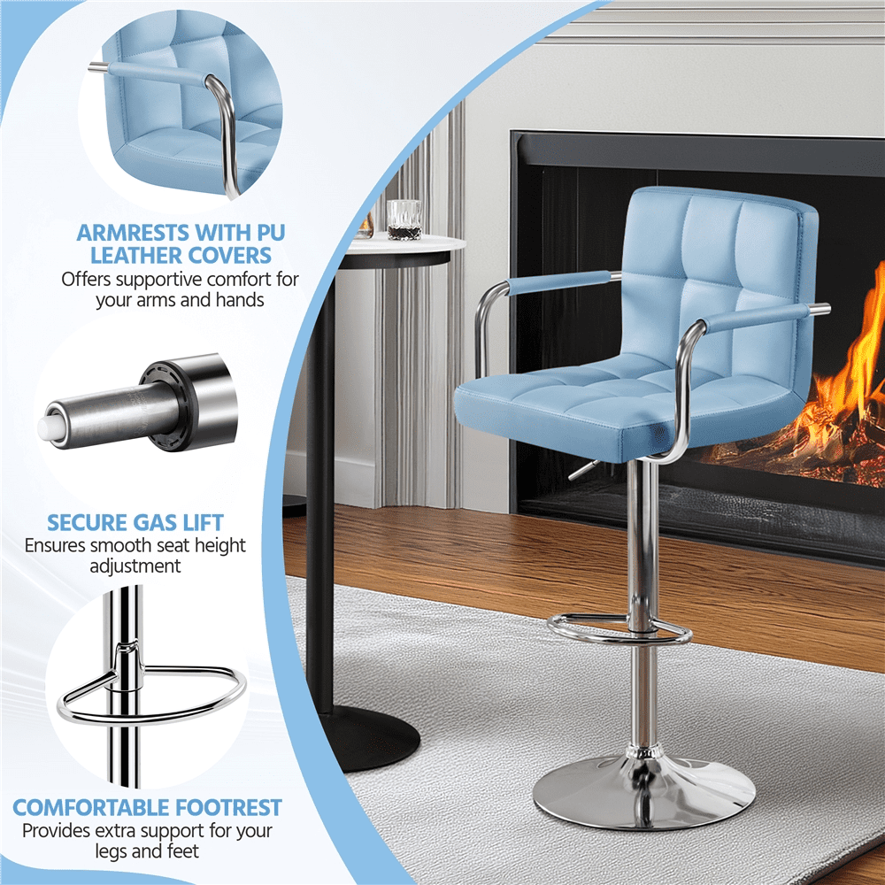 Alden Design PU Leather Bar Stools with Large Steel Pedestal Base, Set of 2, Blue