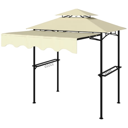 SSLZ 8' x 7.6' Outdoor Grill Gazebo, Barbecue Gazebo Shelter with Side Awning, 2 Side Shelves and 6 Hooks, Beige