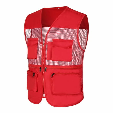POETANCE Men s Safari Fishing Vest Summer Outdoor Mesh Work Journalist s Vest Jacket Red L