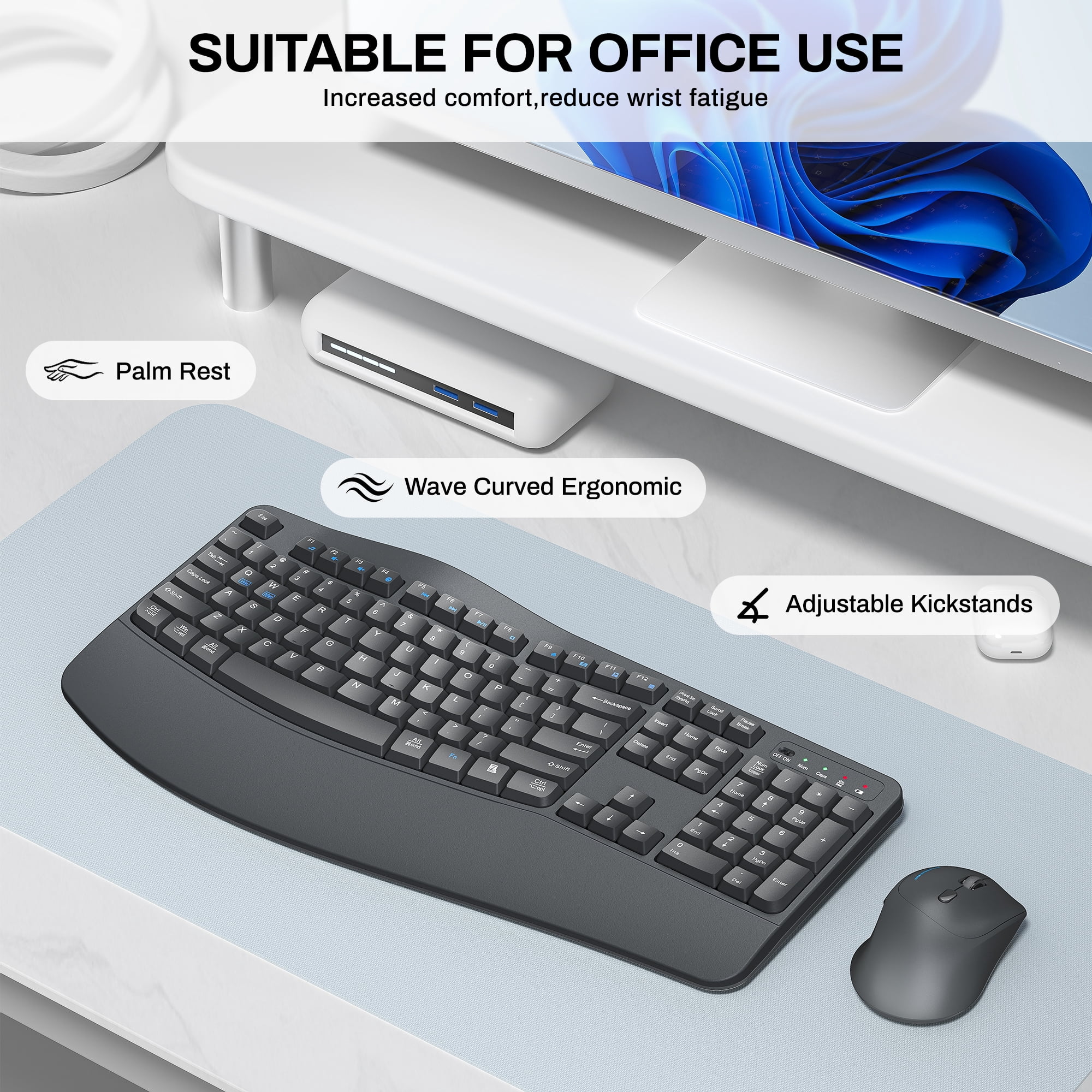 Wireless Keyboard and Mouse Combo, 2.4G Full Size Wave Keys Ergonomic Keyboard with Wrist Rest and 3-Level DPI Adjustable Wireless Ergonomic Mouse for Windows, Mac OS Desktop/Laptop/PC(Grey)