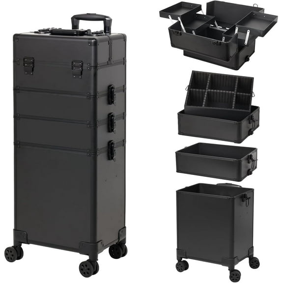Rolling Makeup Case on Wheels, 4 in 1 Large Cosmetic Train Case, Ideal Gift for Hairstylist, Nail Techs, Portable Beauty Organizer for Travel or Salon Use