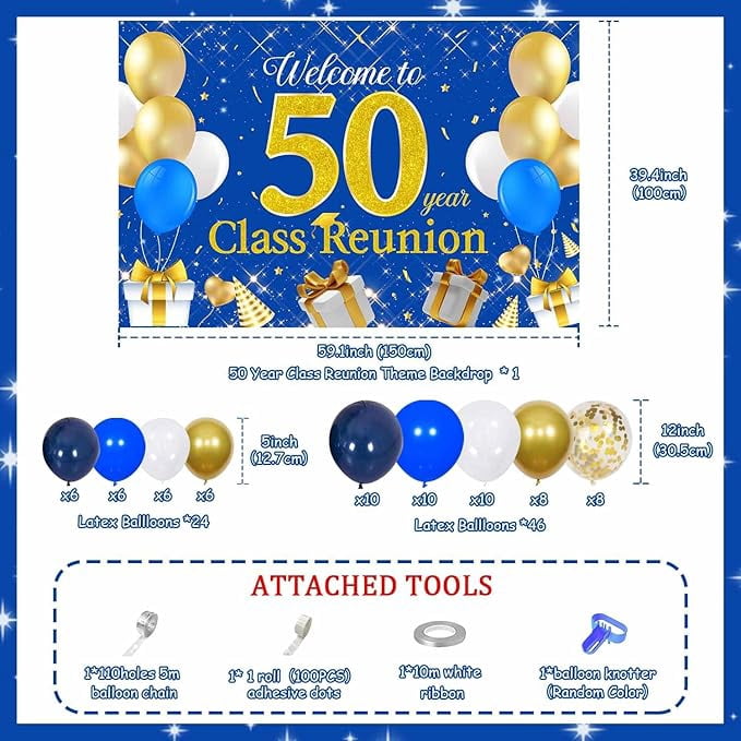 50th Year Class Reunion Party Decoration, Blue and Gold Balloon Arch,Blue and Gold 50th Anniversary Class Reunion Theme Backdrop Balloon Garland Kit