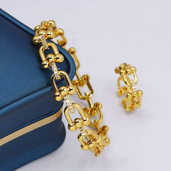 Elegant Delicate 14K Yellow Gold Women's U-Shaped Horseshoe Bracelet Rings Sets Fashion Jewelry High-end Atmosphere Party Banquet Gifts