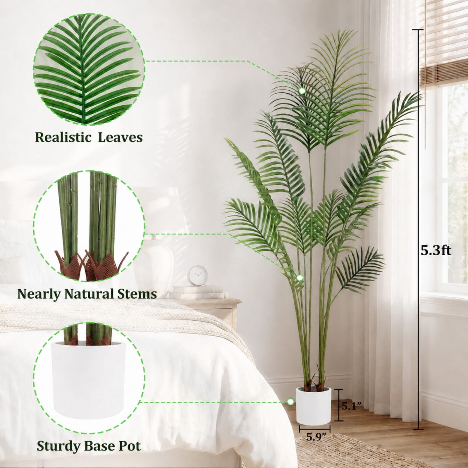 BEAUTYPEAK 5.3FT Artificial Palm Plants Fake Pre Potted Faux Green Tree Tall Fake House Plants Indoor Outdoor Floor Plant