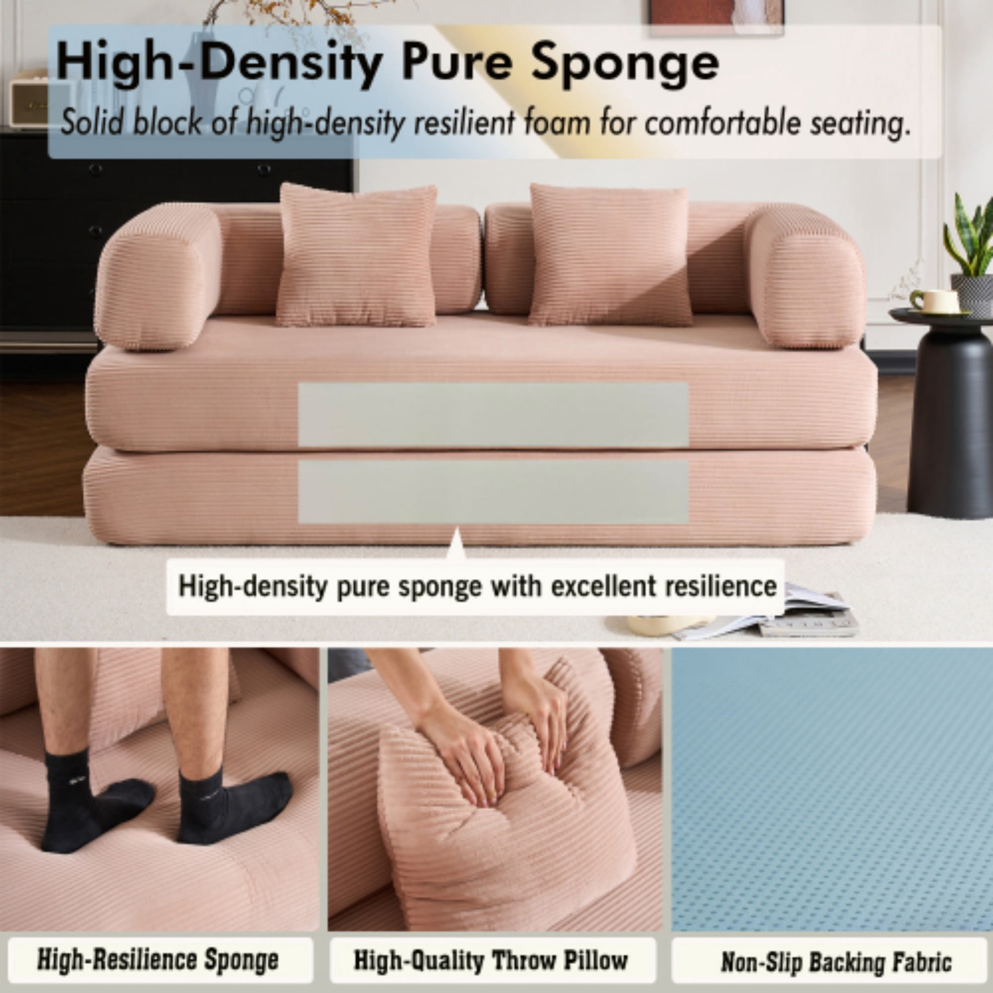 BSHTI 77" Casual Corduroy Convertible Sleeper Sofa Bed with Cylindrical Pillow, No Assembly, Small Space for Living Room（Pink）