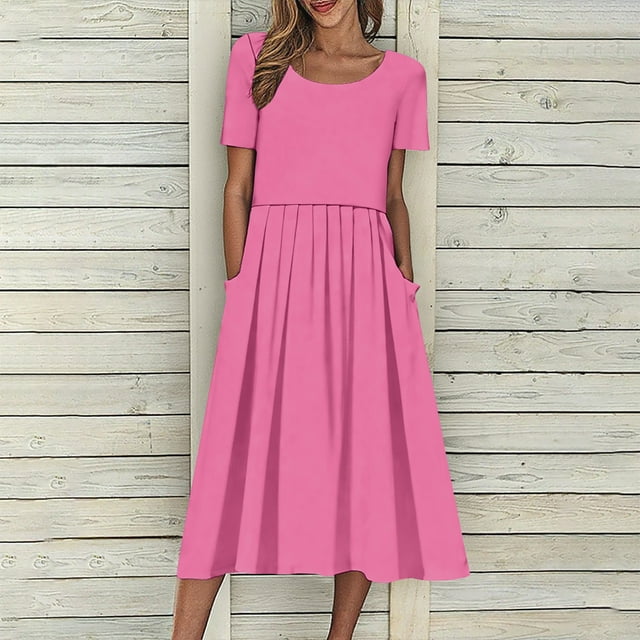 Robes à Manches Courtes Col Rond, Tenue de Fête Décontractée, Design Uni avec Poches, Style Fluide en Ligne A, Occasions Quotidiennes, Mélange de Coton Léger, Occasions Formelles Élégantes, Choix de Mode Tendance