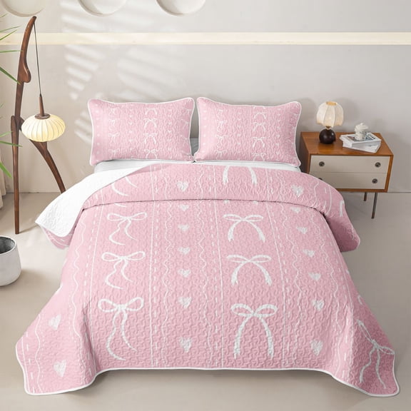 Erosebridal Princess Pink Ribbon Twin Quilt Set for Girl, Kawaii Cartoon Twin Coverlet Set, 2pcs