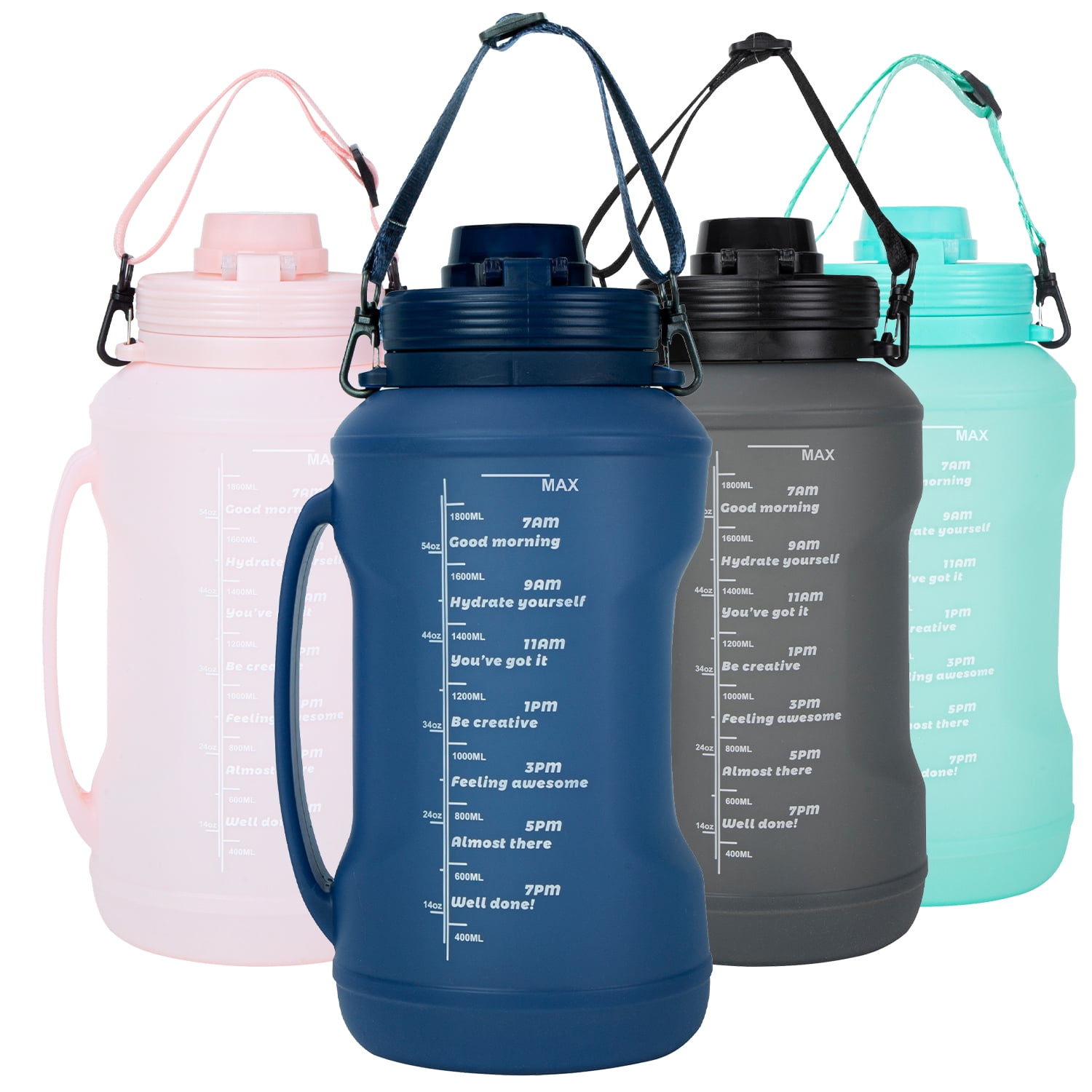Motivational Water Bottle with Time Marker, 64 oz Water Bottle with Straw Spout and Carrying Handle, Half Gallon 2L Gym Bottle, Achieve All-Day Hydration SpillProof BPA FREE