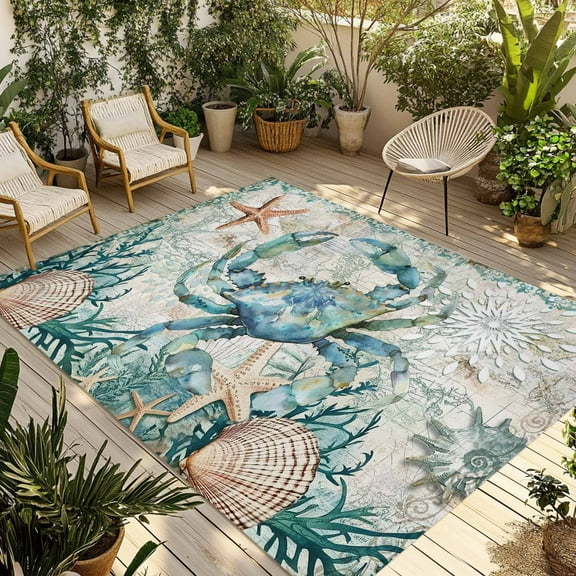 Fsddascl Teal Coastal Crab Outdoor Rug for Patio/Deck/Porch, Non-Slip Large Area Rug 4 x 6 Ft, Vintage Summer Beach Nautical Coral Indoor Outdoor Rugs Washable Area Rugs, Camping Rug Carpet