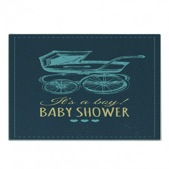 Baby Shower Cutting Board, Its a Boy Baby Shower Typography with Retro Stroller, Decorative Tempered Glass Cutting and Serving Board, in 3 Sizes, by Ambesonne