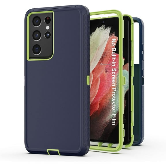 for Galaxy S21 Ultra 5G Case, Heavy Duty Protective Case with [3 Layers] Rugged Rubber Shockproof Protection Cover for Samsung Galaxy S21 Ultra(Dark blue/Green)