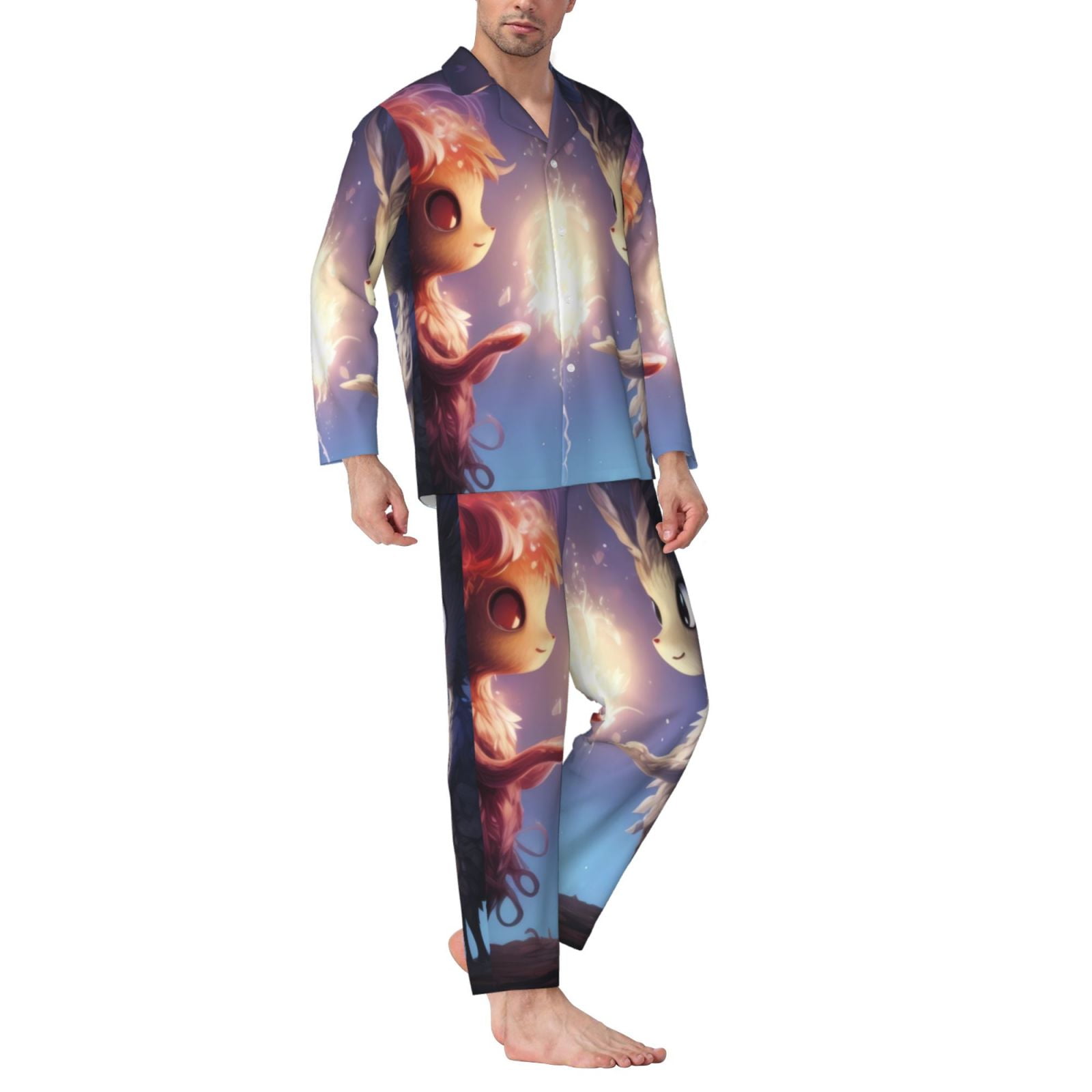 Logiee Dreamy Forest Elf Print Mens Long Sleeve Pajama Set,Notched Collar Pajamas for Men, Men's Sleepwear,Mens Sleepwear with Pockets & Button Down-Large