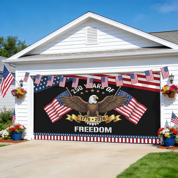 250 Years Anniversary Garage Door Cover Banner 7 x 16 FT,American Flag Eagle Independence Day Garage Door Curtains Backdrop with Grommets for Indoor Outdoor Wall Party Porch Yard Decor Background
