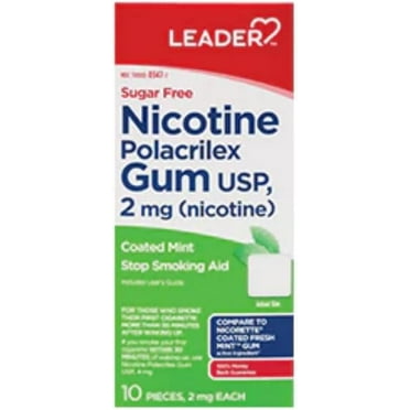 Leader Nicotine Gum 2 Mg Mint, Sugar Free 10 Ct