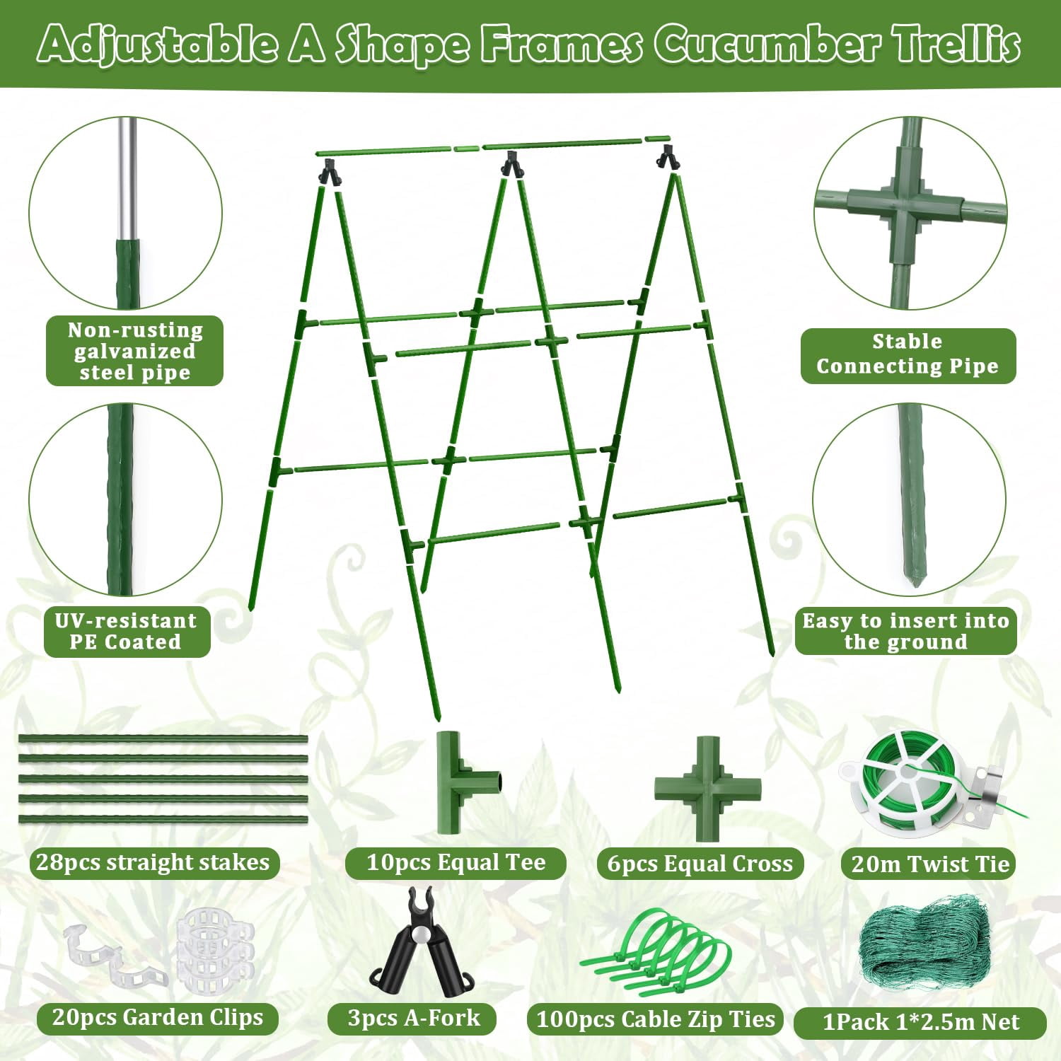 Cucumber Trellis For Raised Beds  31 X 47 Inch Adjustable Size A-frame Garden Climbing Plant Outdoors With Net And Support Clip Vegetable Grape Tomato Supplies