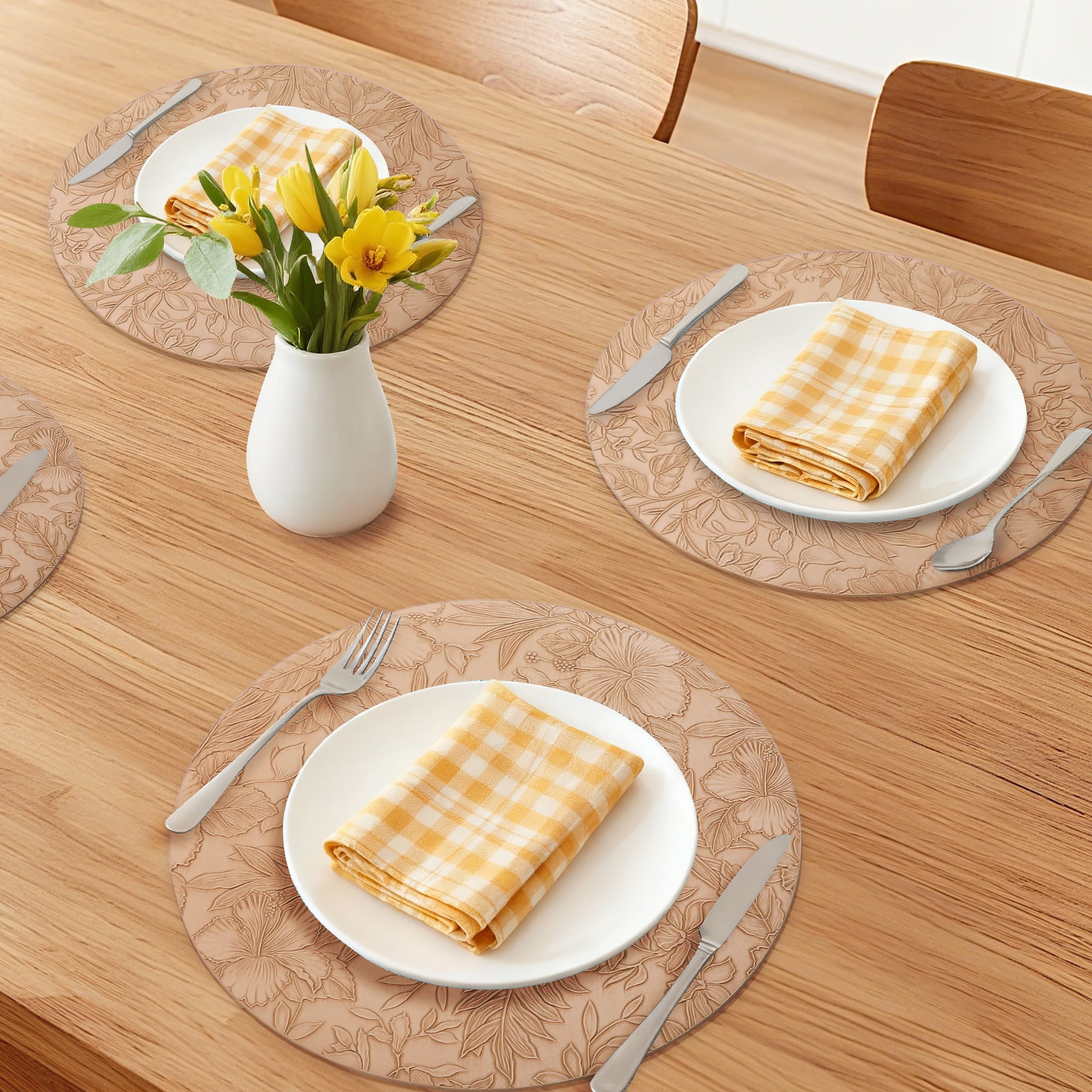 Unique Bargains Set of 6 Leather Round Placemats for Kitchen Dining Table Khaki