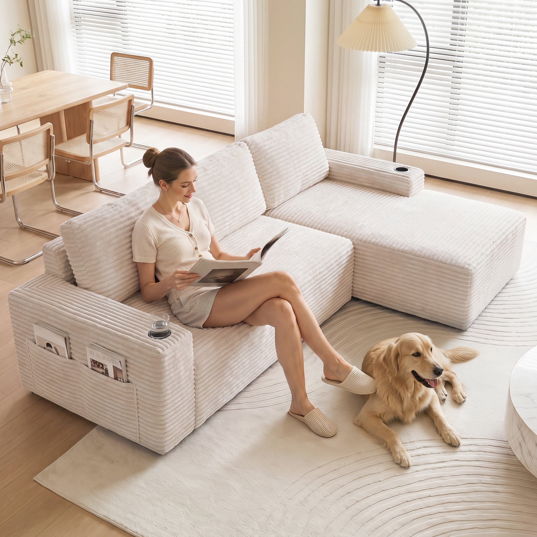 Aenkyo 104 Inch Corduroy L-Shaped Cloud Sectional Sofa with Right Facing Chaise and Cup Holders, Gream