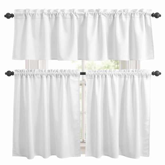 White Kitchen Curtains Sets for Windows 24 Inch Length, Modern Minimalist Pure Soild Color Rod Pocket Window Treatments Tier Curtains and Valances Set for Bedroom/Bathroom