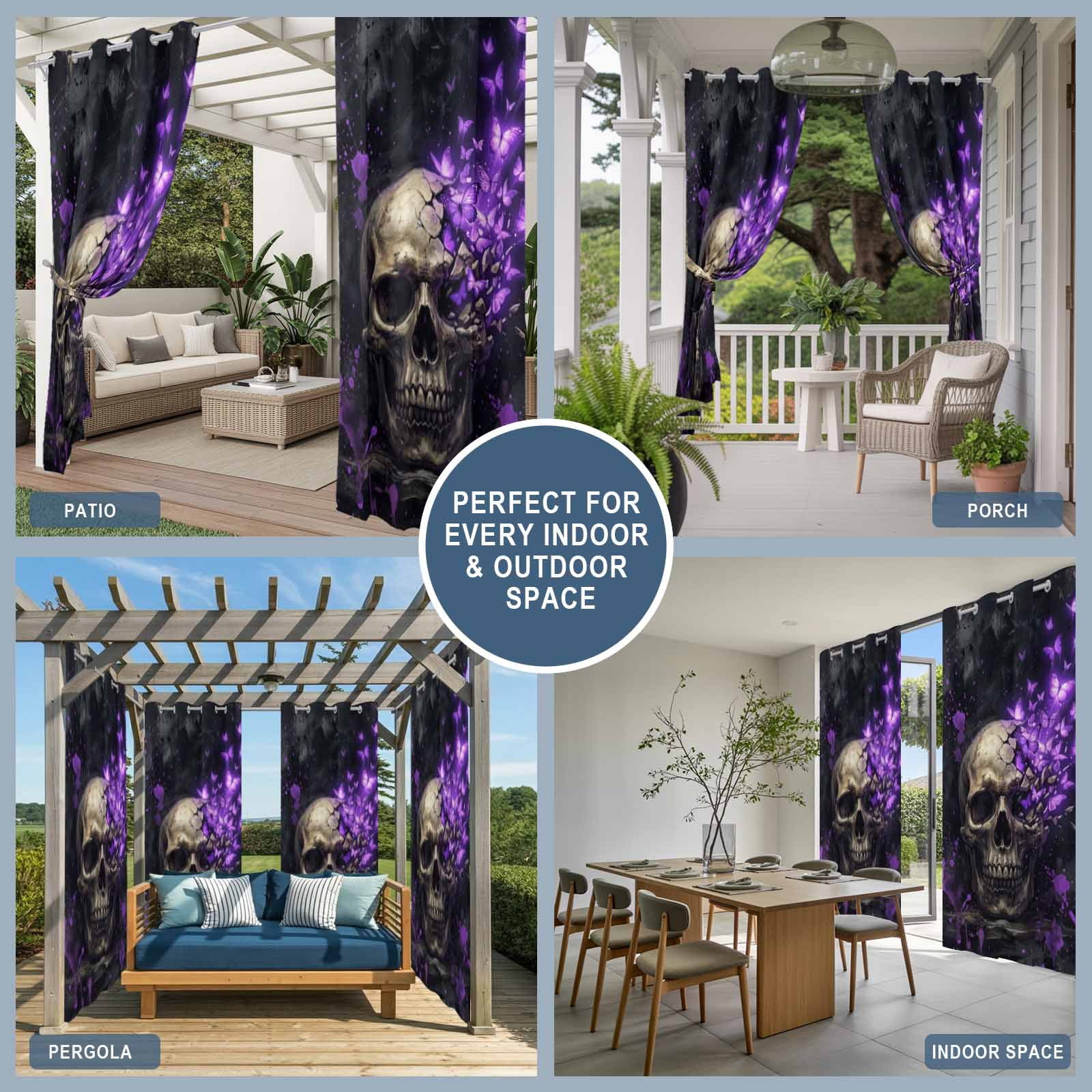 Abstract Skull Outdoor Curtains for Patio, Vintage Mysterious Purple Butterflies Dark Skeleton Black Sunshade Privacy Drapes Grommet Waterproof Outside Curtains for Porch Balcony 54"x108", 1 Panel