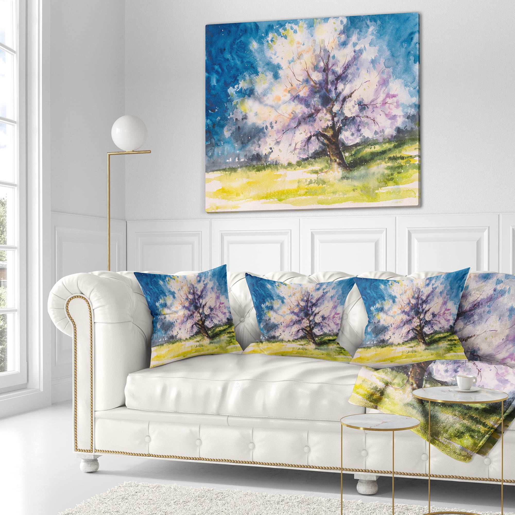Designart Blooming Cherry Tree Blue - Watercolor Floral Throw Pillow - 18x18