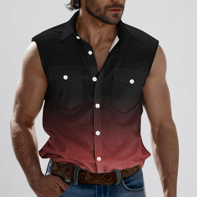 Camiseta sin mangas con cuello vuelto para hombre, estilo informal, a la moda, con estampado, cuello vuelto, sin mangas, bolsillos, deportiva, de poliéster