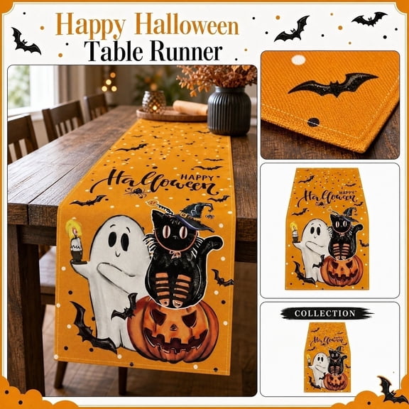 Halloween Table Runner, Jack O Lantern Decor, Halloween Ghost Decorations, Black Cat Halloween Decor, 13 X 72 Inch Linen Fabric Dining Table Accent with Non-Slip Backing, Heat