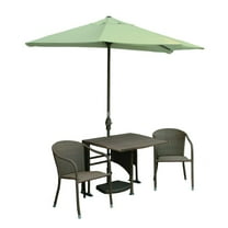 Blue Star Group Terrace Mates Daniella All-Weather Wicker Coffee Color Table Set w/ 9'-Wide OFF-THE-WALL BRELLA - Antique Beige Olefin Canopy