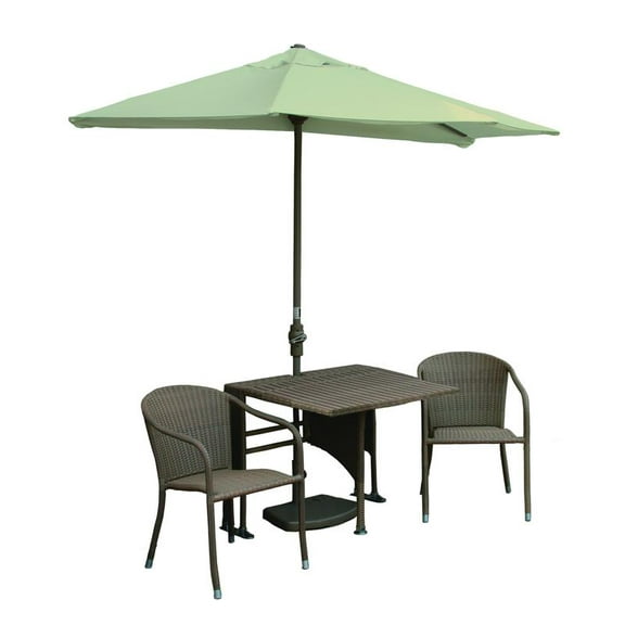 Blue Star Group Terrace Mates Daniella All-Weather Wicker Coffee Color Table Set w/ 9'-Wide OFF-THE-WALL BRELLA - Antique Beige Olefin Canopy