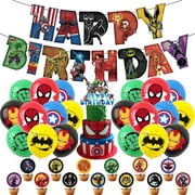 Super Hero Birthday Party Decorations, Cute Cartoon Theme Style Party Supplies Include Happy Birthday Banner, Cake Toppers, Small Cupcake Toppers, Latex Balloons Set