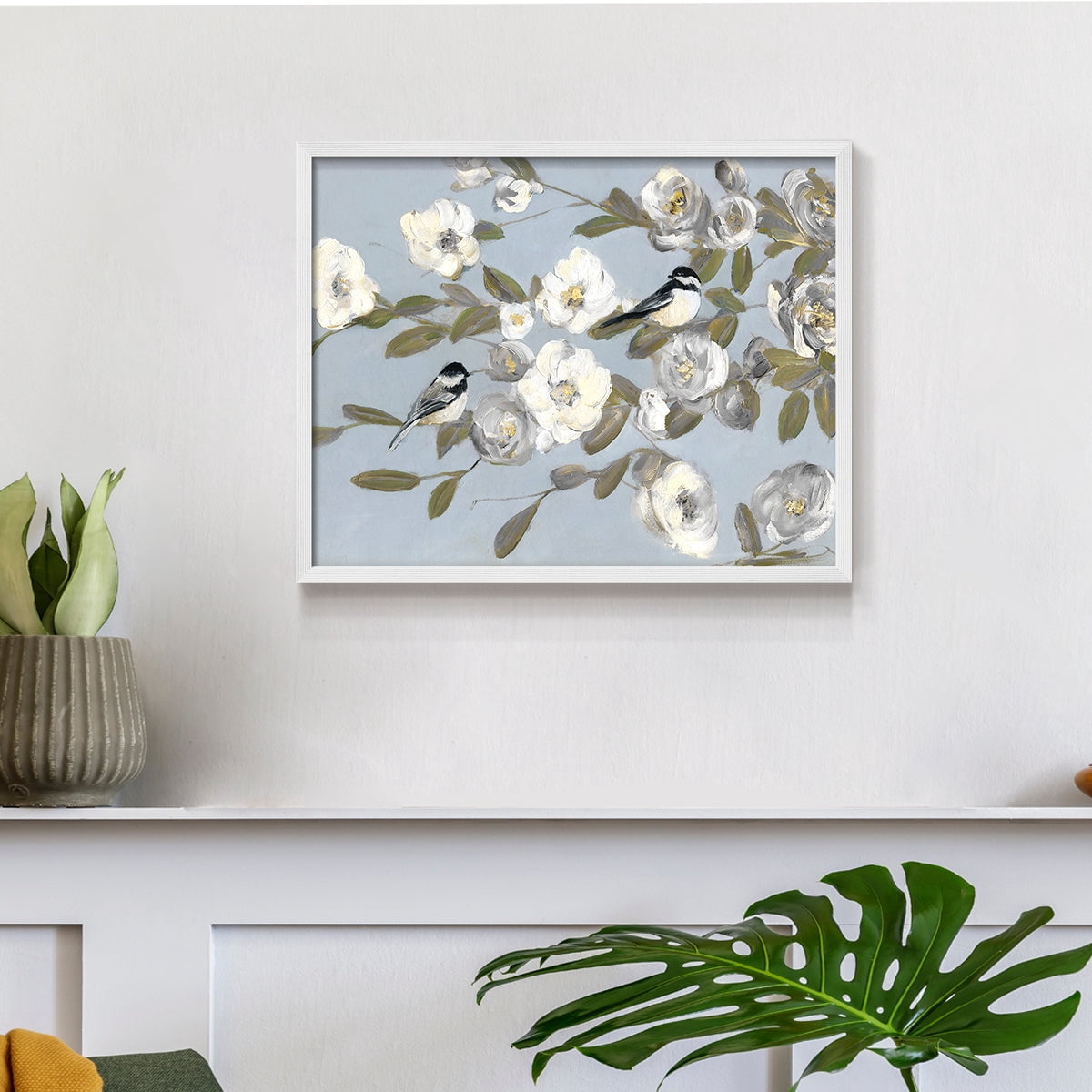 Chickadees and Blossoms I by Sally Swatland - Restickable Framed Giclée Print