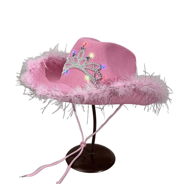 Sombrero de vaquero con forma de corona de plumas rosas con luces LED, vaquero, para adultos