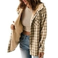 thumbnail image 2 of Women's Plaid Jacket Long Sleeve Button Down Fleece Hooded Jackets Warm Coat Khaki Checkered XXL, 2 of 7