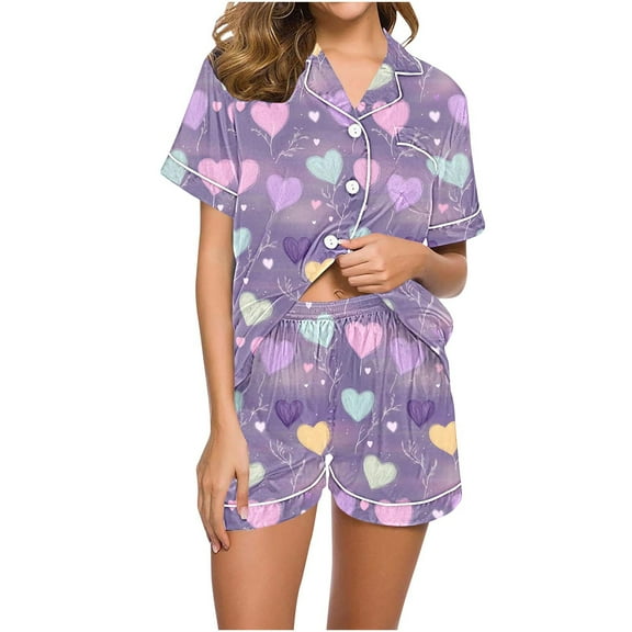 Ladies Pajamas Sets on Heart Print Lounge Set for Women Short Sleeve Button Shirt and Printed Loose Pants 2 Piece Summer Set
