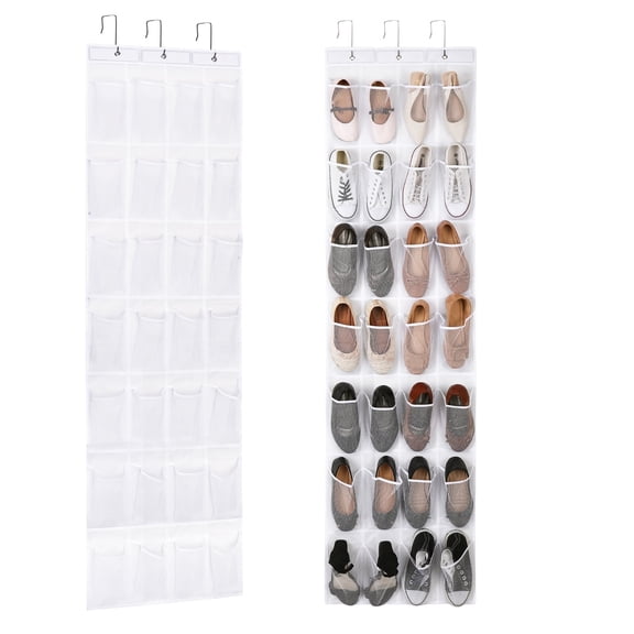 LUIISIS 28 Large Pockets Over The Door Shoe Organizer, Hanging Shoe Organizer for Closet, Premium Clear Shoe Rack for Door, Shoes Hanger Organizers Storage Holder for Back of Door and 3 Metal Hook