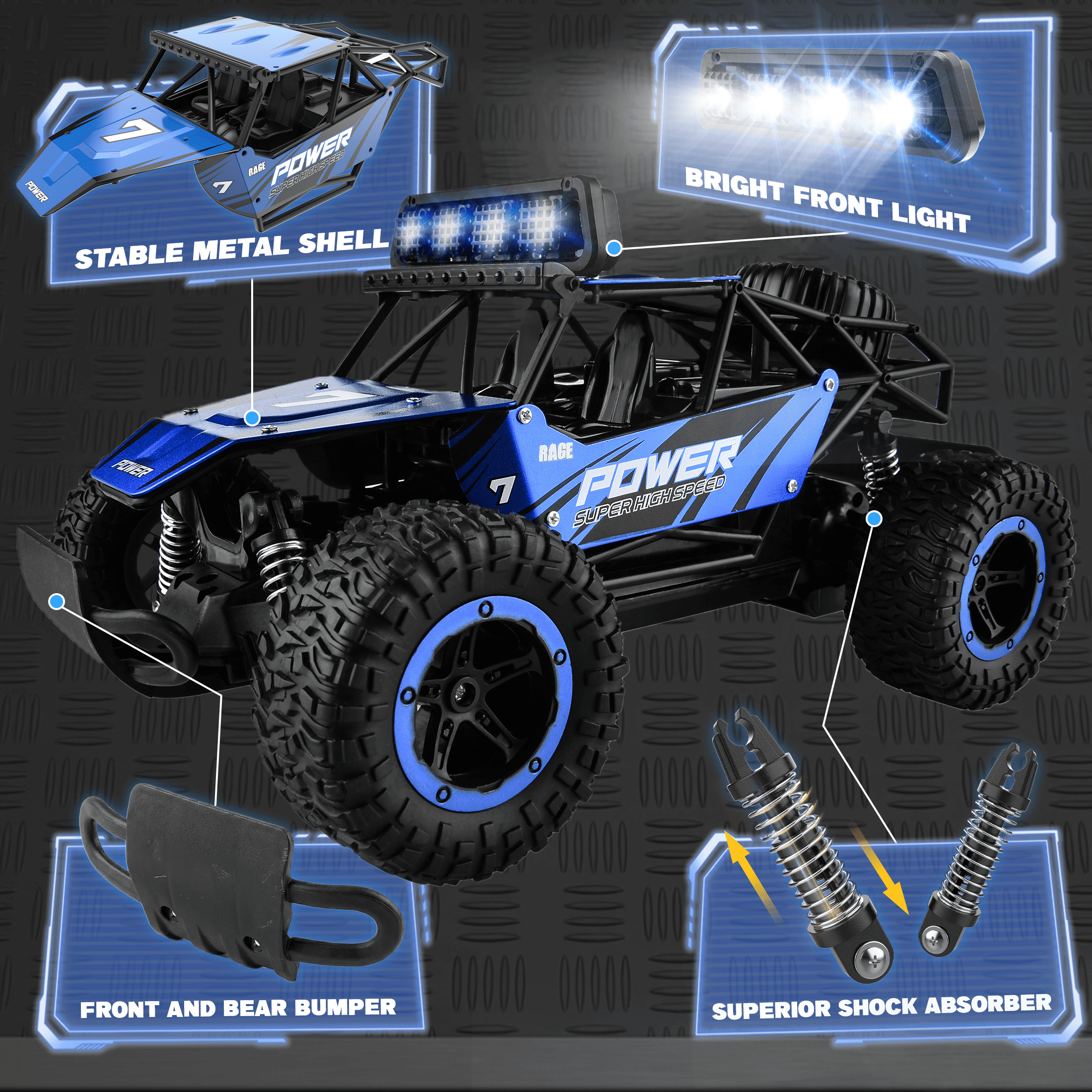 YCFUN RC Cars, 1:14 Scale Off-Road RC Monster Truck with Lights, Metal Shell & 2 Batteries, 2.4Ghz Remote Control Car Crawler for Kids Adults, Blue