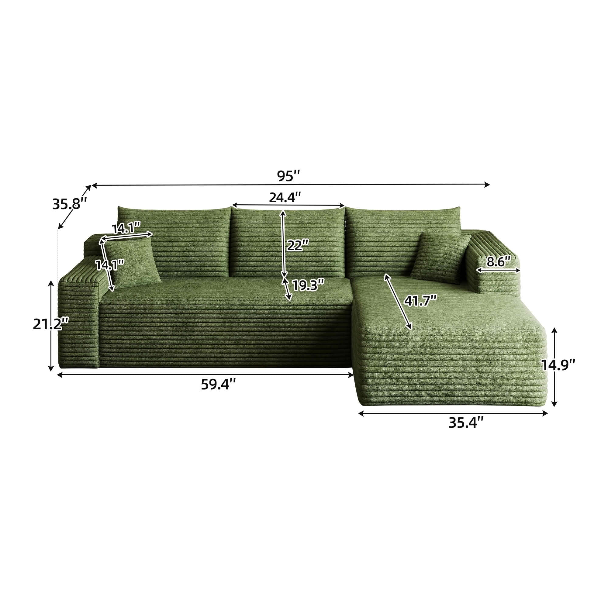 MAYEERTY 95 Inch L‑Shaped Cloud Sectional Sofa, Modern Minimalist Deep‑Seat Corner Couch, Plush Corduroy Upholstered Reversible Sofa, No‑Assembly Required for Living Room Bedroom Apartment