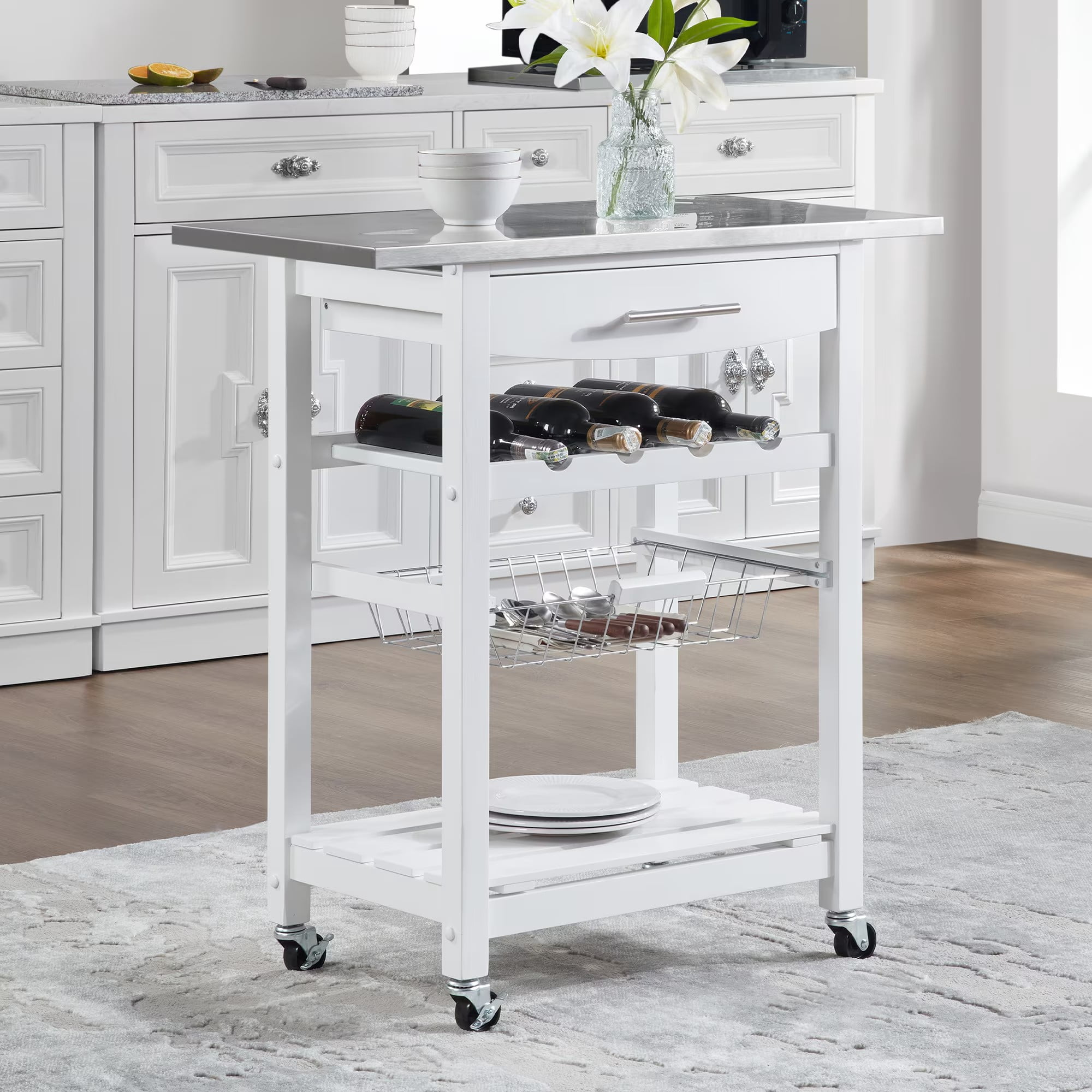 Avobird Kitchen Island Cart, Mobile Kitchen Cart with 30inch Stainless Steel Countertop/Underneath Drawer/Slide-Out Wire Storage Basket, White