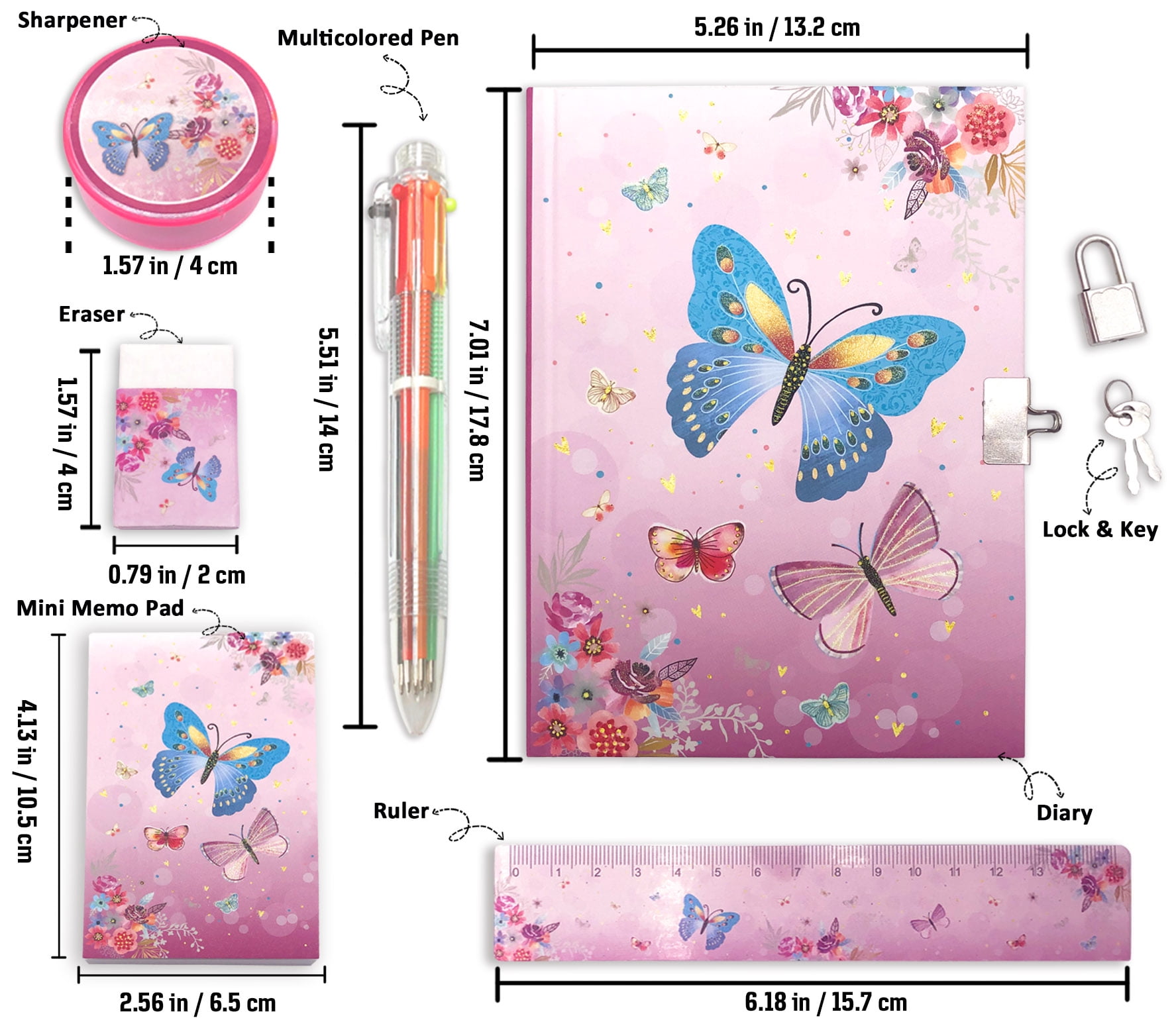 Ginmlyda Secret Diary with Lock and keys, Notebook Stationary Set Incl. Pink Butterfly Journal with Lock Memo pad 6 Colored Pen Ruler Sharpener Eraser for Learning Writing Drawing Gifts