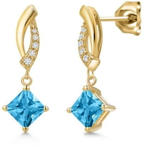 Gem Stone King 10K Yellow Gold Swiss Blue Topaz and Lab Grown Diamond Stud Dangle Earrings for Women | 1.65 Cttw | Gemstone November Birthstone | Princess 5MM