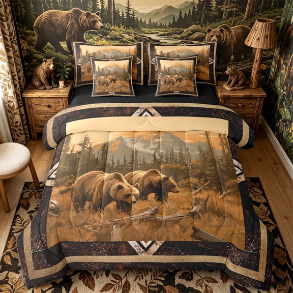 Castle Fairy Vintage Animal Bear 7-Piece Twin Bedding for Teens,Bohemian Aztec Mountain Bedding Comforter Set,Brown Gold Cream,Black Reversible