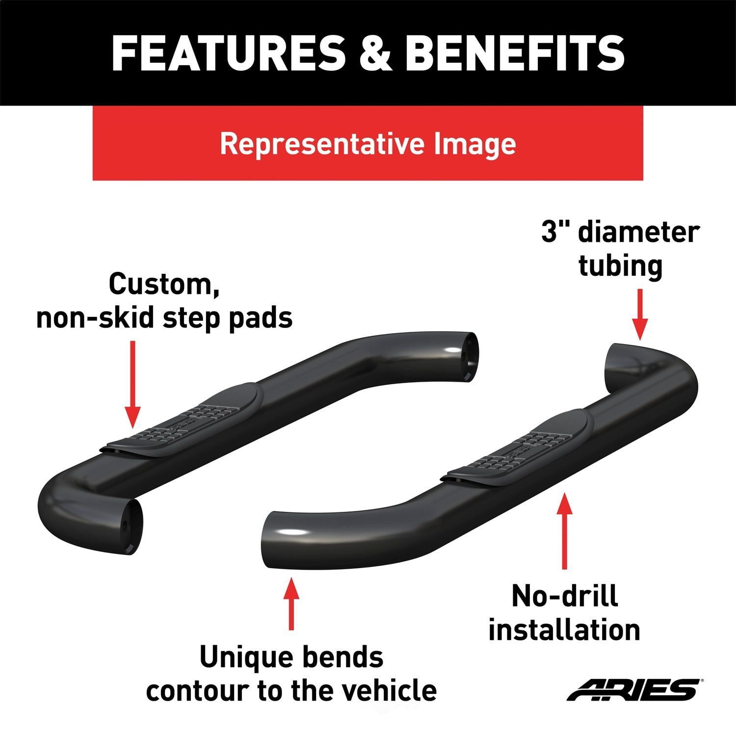 ARIES 203045 3-Inch Round Black Steel Nerf Bars, No-Drill, Select Ford F-150, F-250, F-350 Super Duty Fits select: 2015-2023 FORD F150, 2017-2022 FORD F250