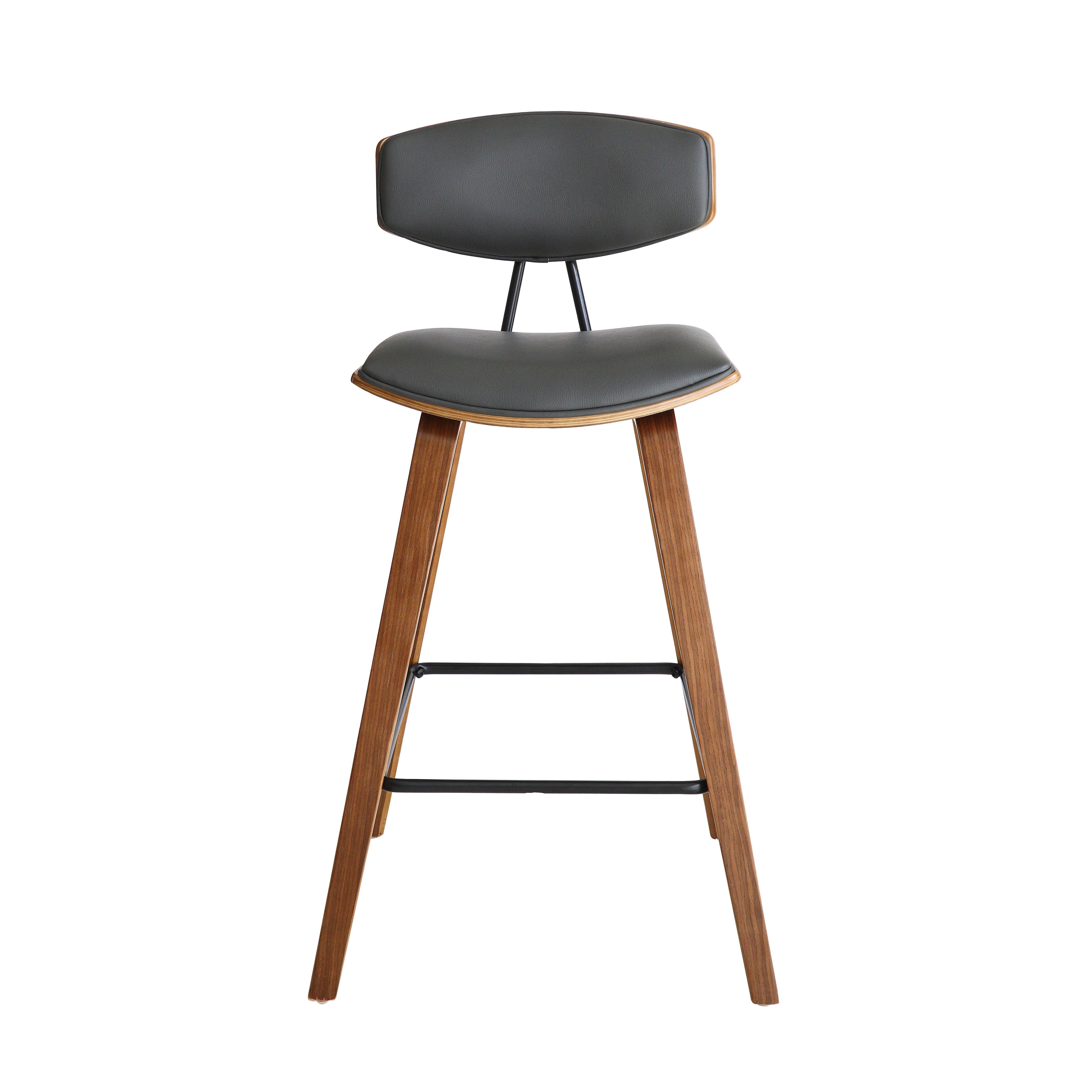 Fox 25.5" Counter Height Gray Faux Leather and Walnut Wood Mid-Century Modern Bar Stool - Set of 4