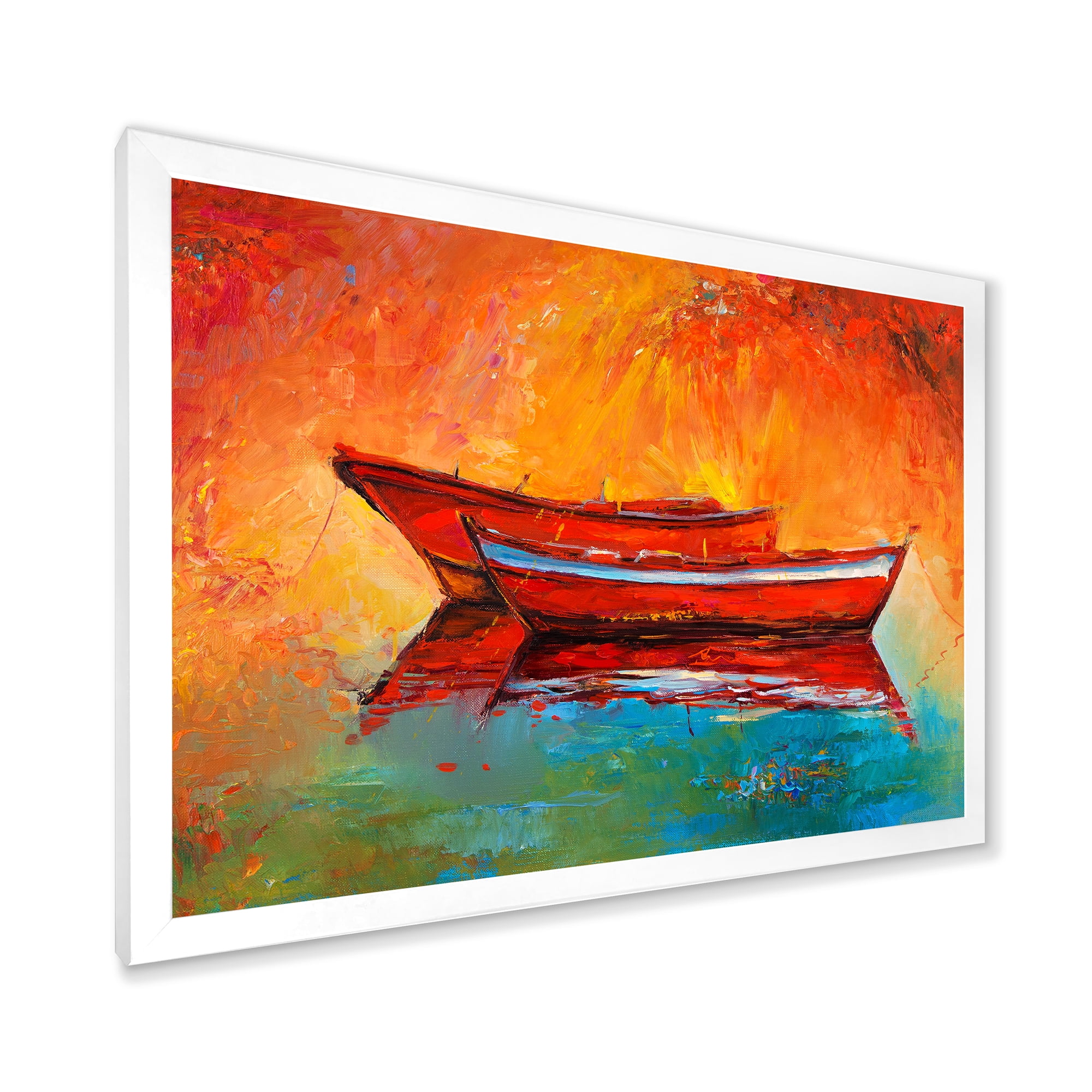 Two Red Boats During Sunset In Lake 40 in x 30 in Framed Painting Canvas Art Print, by Designart