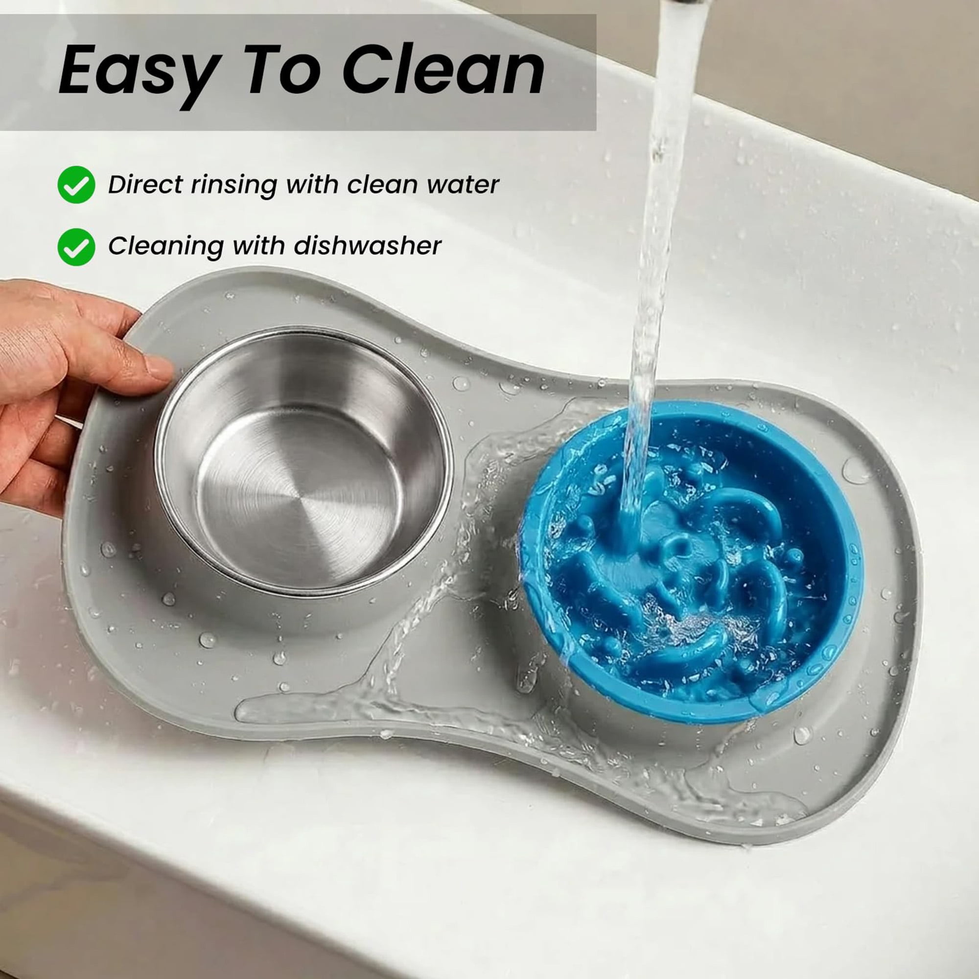 Slow Feeder Dog Bowls Stainless Steel, 3 in 1 No Spill Dog and Water Bowl Set with Non Slip Silicone Mat, Puppy Feeding Station for Large Medium Small Breeds, Gray