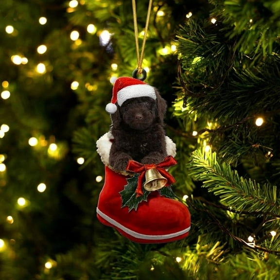 Acrylic 2D FLAT Goldendoodle chocolate In Santa Boot Christmas Hanging Ornament
